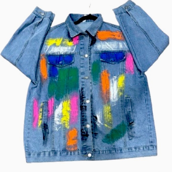 🧥🎨 SOUK + SEPIA Hand-Painted Denim Jacket 80s Graffiti Neon Streetwear Art XL - Picture 3 of 5